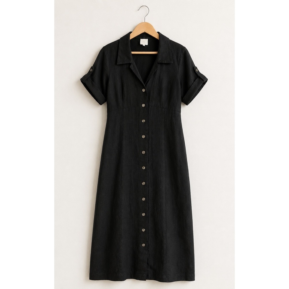USISI Button Down Midi Dress Womens S Black Linen Blend Quiet Luxury Office Chic